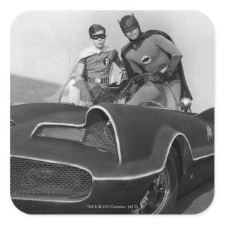Robin and Batman Standing in Batmobile Square Sticker