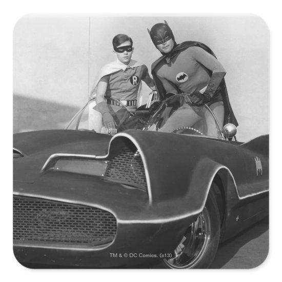 Robin and Batman Standing in Batmobile Square Sticker