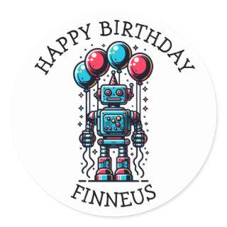 Robot Themed Boy's Happy Birthday Classic Round Sticker