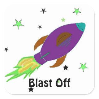 Rocket Ship Blasting Off Square Sticker