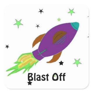 Rocket Ship Blasting Off Square Sticker