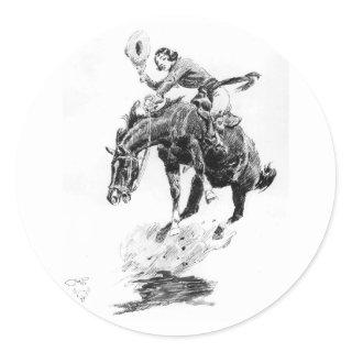 Rodeo Cowgirl (by C.M. Russell) Classic Round Sticker