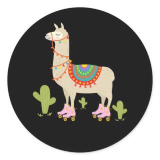 Roller Skating Llama Retro Roller Skater Animal Classic Round Sticker