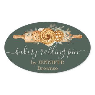 Rolling Pin Bakery Cookies Breads elegant sage Oval Sticker