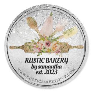 rolling pin whisk rustic bakery silver classic round sticker