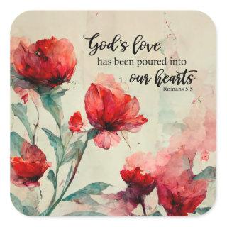 Romans 5:5 God's Love Bible Verse Red Pink Flowers Square Sticker
