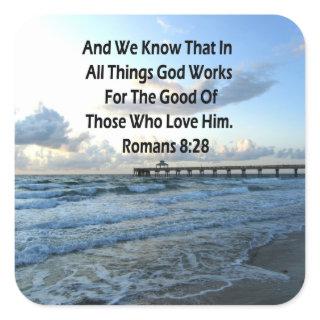 ROMANS 8:28 BLUE SKIES SCRIPTURE VERSE SQUARE STICKER