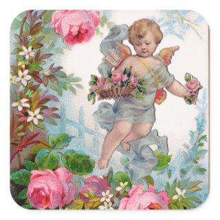 ROMANTIC ANGEL GATHERING PINK ROSES AND FLOWERS SQUARE STICKER