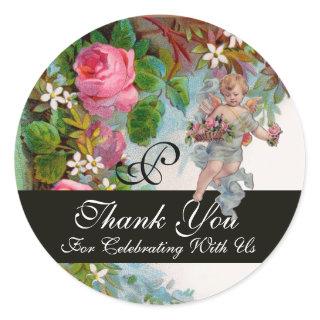ROMANTIC ANGEL GATHERING PINK ROSES Thank You Classic Round Sticker