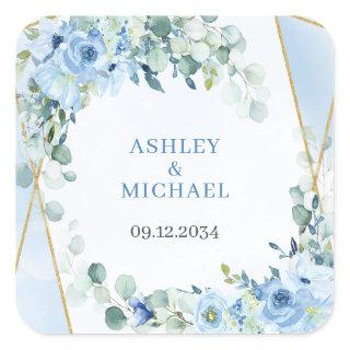 Romantic blue floral sage eucalyptus gold frame  square sticker