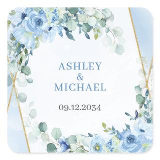 Romantic blue floral sage eucalyptus gold frame  square sticker