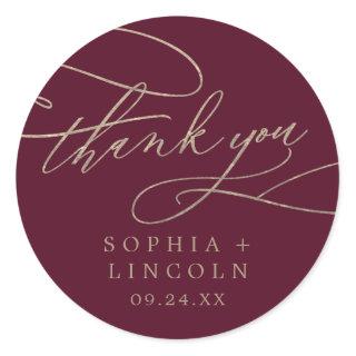 Romantic Burgundy Calligraphy Thank You Favor Classic Round Sticker