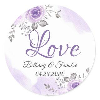 Romantic Chic Pastel Purple Floral Love Script Classic Round Sticker