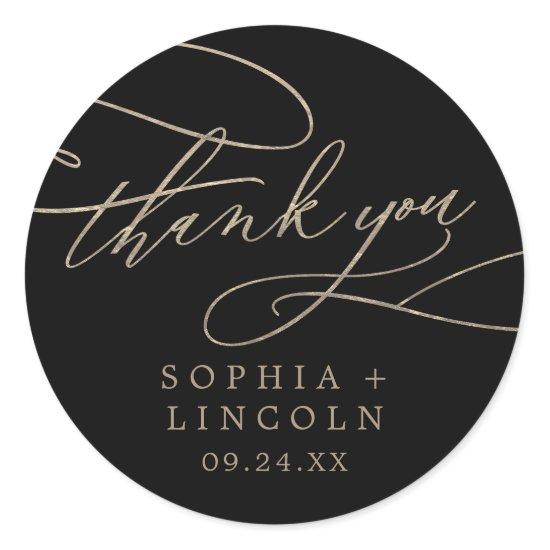 Romantic Gold Calligraphy | Black Thank You Favor Classic Round Sticker