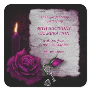 Romantic Gothic Rose & Candle Birthday Square Sticker