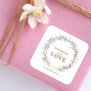 Romantic Handmade with Love Lilac Floral Wreath Square Sticker