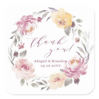 Romantic mauve floral thank you wedding square sticker