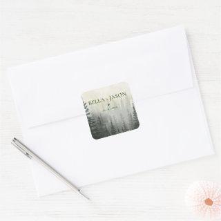 Romantic Misty Forest Trees Wedding  Square Sticker