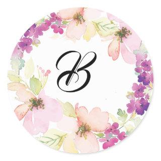Romantic Pale Pink and Violet Floral Wedding  Classic Round Sticker
