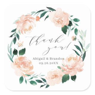 Romantic peach floral thank you wedding square sticker