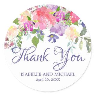 Romantic Pink & Purple Floral Thank You Wedding Classic Round Sticker
