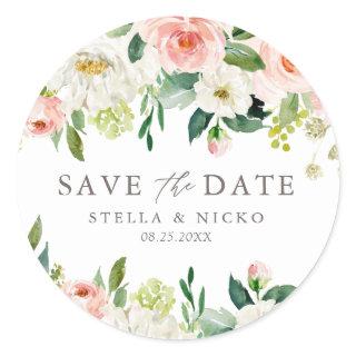 Romantic Watercolor Spring Bloom Save the Date Classic Round Sticker