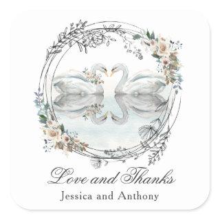 Romantic Wedding Swans Thank You Square Sticker