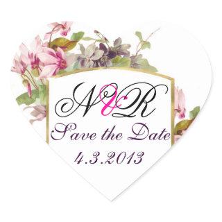 ROMANTİCA MONOGRAM / PINK CYCLAMENS SAVE THE DATE HEART STICKER