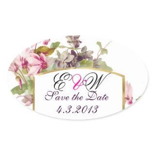 ROMANTİCA MONOGRAM / PINK CYCLAMENS SAVE THE DATE OVAL STICKER