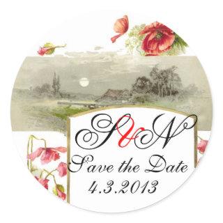 ROMANTİCA MONOGRAM / RED POPPIES SAVE THE DATE CLASSIC ROUND STICKER