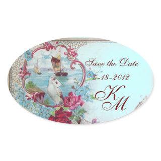 ROMANTICA MONOGRAM,Save the Date, Blue Oval Sticker