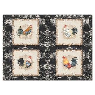 Roosters Four Vintage French Damask Black n White Tissue Paper
