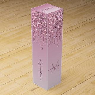 Rose Glitter Drips Personalized Monogram And Name Wine Box