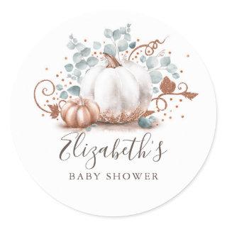 Rose Gold and White Pumpkin Fall Baby Shower Classic Round Sticker