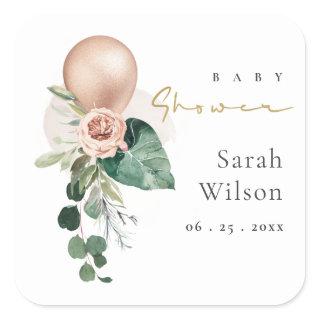 ROSE GOLD BALLOON PEACH FLORAL BUNCH BABY SHOWER  SQUARE STICKER