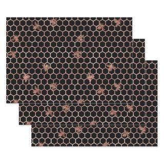 Rose Gold Bees and Honeycomb on Black  Sheets