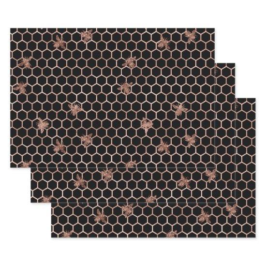 Rose Gold Bees and Honeycomb on Black  Sheets