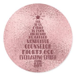 Rose Gold Blush Pink Christian Christmas Scripture Classic Round Sticker