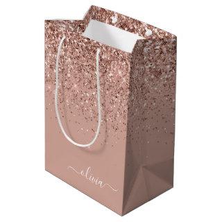 Rose Gold Blush Pink Glitter Script Monogram Girly Medium Gift Bag