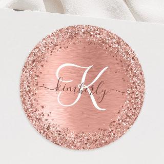 Rose Gold Brushed Metal Glitter Monogram Name Classic Round Sticker