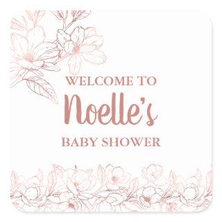 Rose Gold Elegant Magnolia Flowers, Baby Shower Square Sticker