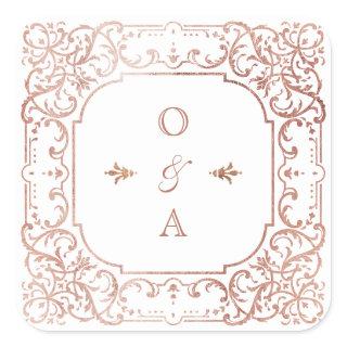 Rose gold elegant ornate vintage wedding monogram square sticker