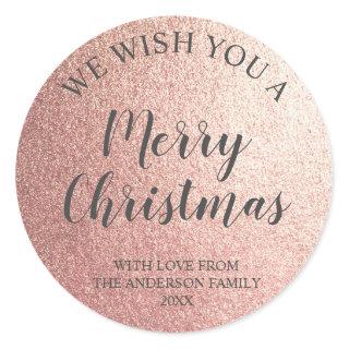 Rose Gold Foil and Gray Script Merry Christmas Classic Round Sticker