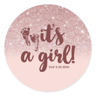 Rose Gold Glitter Blush Pink Ombre Its A Girl Baby Classic Round Sticker