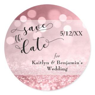 Rose Gold Glitter Bokeh & Typography Save the Date Classic Round Sticker