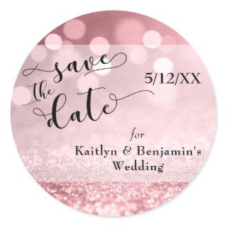 Rose Gold Glitter Bokeh & Typography Save the Date Classic Round Sticker