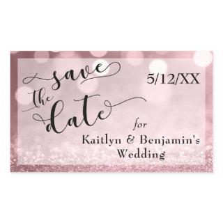 Rose Gold Glitter Bokeh & Typography Save the Date Rectangular Sticker