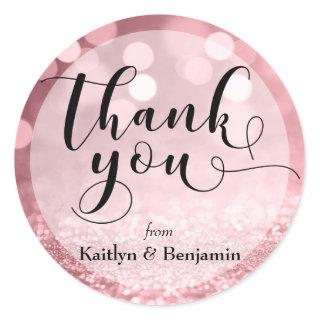 Rose Gold Glitter Bokeh & Typography Thank You 2 Classic Round Sticker