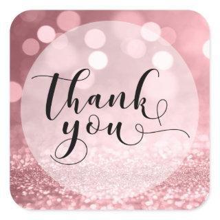 Rose Gold Glitter Bokeh & Typography Thank You 5 Square Sticker