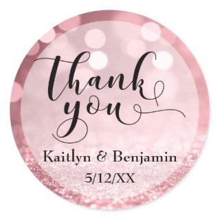 Rose Gold Glitter Bokeh & Typography Thank You Classic Round Sticker